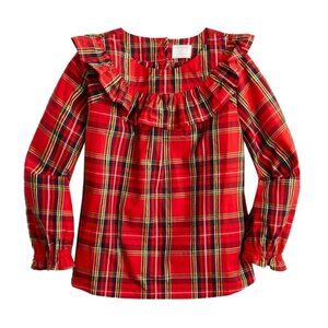 ❤️ CREWCUTS Kids Girls' ruffle cotton poplin top in tartan Blouse Size L